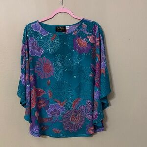 Bob Mackie Teal Blouse with Purple and Pink Floral Design
